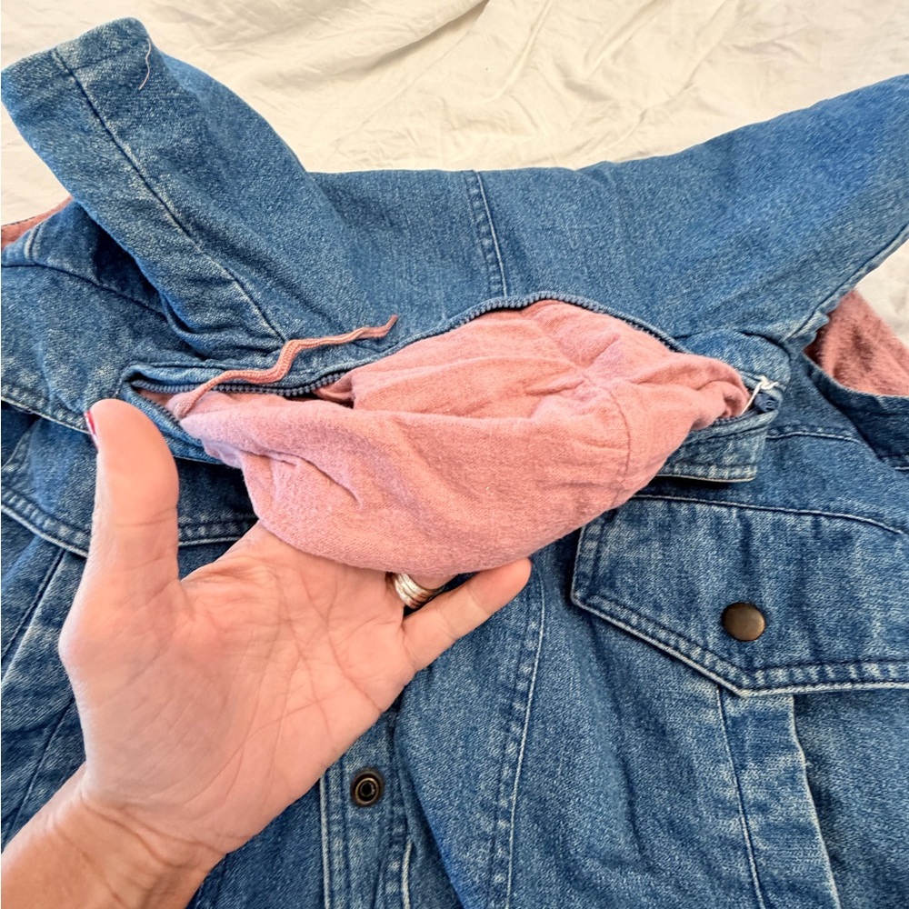 Izzi Women’s L Vintage 1980’s Retro Denim Vest Jacket Hide Hat Hoodie Lined - Picture 7 of 14